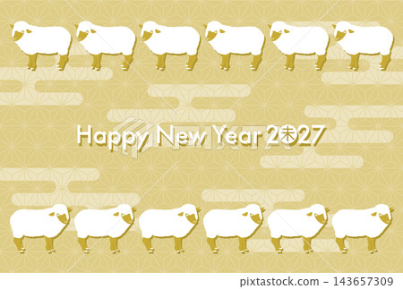 2027年羊年新年賀卡插圖:白色綿羊排列在日式圖案背景前。 2027年羊年新年賀卡插圖:白色綿羊排列在日式圖案背景前。 143657309