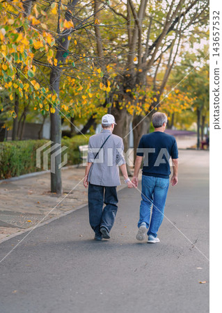 Romantic Couple Holding Hands in Autumn Park. Middle aged couple walks along tree lined park path surrounded by yellow autumn foliage. Couple enjoys peaceful walk together, love and companionship Romantic Couple Holding Hands in Autumn Park. Middle aged couple walks along tree lined park path surrounded by yellow autumn foliage. Couple enjoys peaceful walk together, love and companionship 143657532