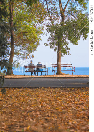 Two Older Adults Sitting on Bench by Sea, fall season. Two older adults sit together on park bench facing sea beneath trees with autumn foliage. Calm water, peaceful coastal park landscape Two Older Adults Sitting on Bench by Sea, fall season. Two older adults sit together on park bench facing sea beneath trees with autumn foliage. Calm water, peaceful coastal park landscape 143657535