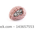Model of a human brain with heap of medicine pills or dietary supplements inside isolated on white background with clipping path 143657553