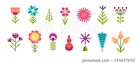 Abstract folk set of flat vector simple colorful geometric shapes flowers. Cute scandinavian bright colorful floral elements for stickers, tags, logo, greeting cards, posters and banner design 143657670