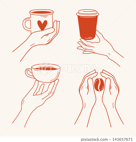 Coffee lover illustrations set, hands holding coffee to go paper cup, coffee bean and mugs with americano in cozy line art style for cafe branding, packaging, menu Coffee lover illustrations set, hands holding coffee to go paper cup, coffee bean and mugs with americano in cozy line art style for cafe branding, packaging, menu 143657671