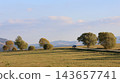 A car travels along a quiet country road through rolling golden hills dotted with autumn trees 143657741