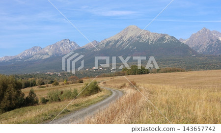 Winding Gravel Road Through Golden Meadows Beneath the High Tatras, Slovakia 143657742
