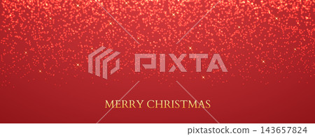 Merry Christmas greeting card with glowing red glitter particles. Golden sparkling stars on rich red background for festive greeting, holiday banner or elegant winter design. Vector illustration Merry Christmas greeting card with glowing red glitter particles. Golden sparkling stars on rich red background for festive greeting, holiday banner or elegant winter design. Vector illustration 143657824