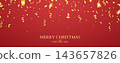 Christmas red background. Happy New Year greeting card with golden confetti and ribbons on festive backdrop. Elegant bright design for holiday greeting card, invitation or banner. Vector illustration 143657826