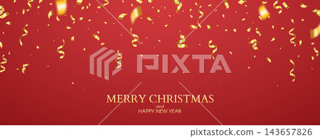Christmas red background. Happy New Year greeting card with golden confetti and ribbons on festive backdrop. Elegant bright design for holiday greeting card, invitation or banner. Vector illustration 143657826