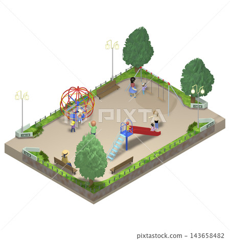 【等距圖像】兒童公園 - 長方形 - 透明 PNG - 包含人物 143658482