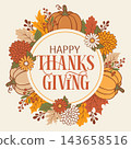 Happy Thanksgiving round pumpkin wreath vector design. 143658516
