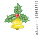 A hand-drawn crayon-style yellow Christmas bell with holly leaves and red berries. 143658742