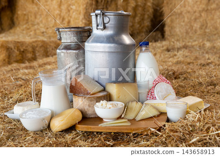 Composition of dairy products on hay bales 143658913