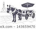 Black and White Vector Illustration of Horse, Carriage and Lighthouse in Chania, Crete, Greece 143659470