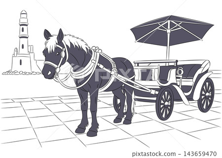 Black and White Vector Illustration of Horse, Carriage and Lighthouse in Chania, Crete, Greece Black and White Vector Illustration of Horse, Carriage and Lighthouse in Chania, Crete, Greece 143659470