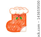 A hand-drawn crayon-style illustration of a red Christmas stocking decorated with holly. 143659500