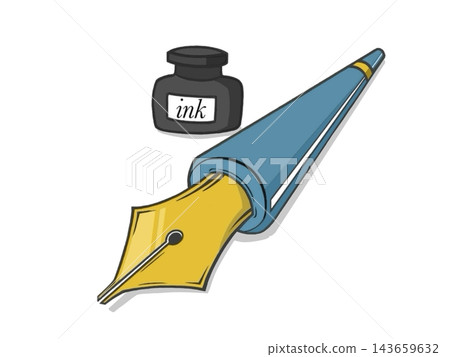 An illustration (icon) of a fountain pen and ink set. 143659632