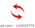 Two vibrant red circular arrows stand out against a white background. Their circular rotation symbolizes recycling, reuse, renewal, repetition, and cycles. 143659779