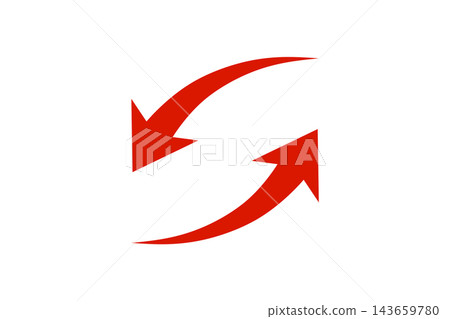 Two vibrant red circular arrows stand out against a white background. Their circular rotation symbolizes recycling, reuse, renewal, repetition, and cycles. Two vibrant red circular arrows stand out against a white background. Their circular rotation symbolizes recycling, reuse, renewal, repetition, and cycles. 143659780