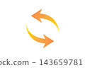 Two circular arrows with an orange and yellow gradient stand out against a white background. Their rotating circular motion symbolizes recycling. 143659781