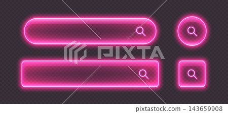 Pink neon search magnifying glass icons and banners with luminous outline Pink neon search magnifying glass icons and banners with luminous outline 143659908