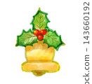 A hand-painted watercolor-style yellow Christmas bell with holly leaves and red berries. 143660192