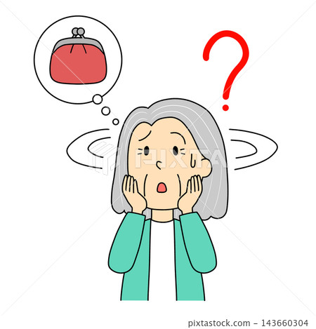 一幅插圖，描繪了一位找不到錢包的老婦人。 143660304