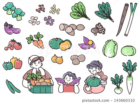 一組插圖,描繪了一位微笑的家長和孩子手捧收穫的秋季蔬菜,以及許多其他蔬菜。 一組插圖,描繪了一位微笑的家長和孩子手捧收穫的秋季蔬菜,以及許多其他蔬菜。 143660310