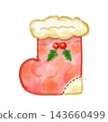Hand-painted watercolor style Santa stocking decorations that can be used for Christmas cards and candy invitations. 143660499
