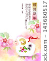 A Japanese-style New Year's card design featuring a sheep-shaped clay bell and pine, bamboo, and plum blossom motifs. 143660517