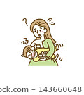 一幅描繪一位表情擔憂的母親和她不願吃母乳的嬰兒的插圖（手繪向量圖）。 143660648