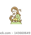 一幅描繪睡眠不足、精疲力竭的母親給嬰兒哺乳的插圖（手繪向量圖）。 143660649