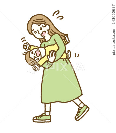 An illustration of a mother desperately holding a fussy, struggling baby. (Hand-drawn vector) An illustration of a mother desperately holding a fussy, struggling baby. (Hand-drawn vector) 143660657