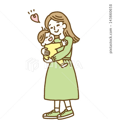 A hand-drawn vector illustration of a baby and mother happily snuggling cheeks together. 143660658