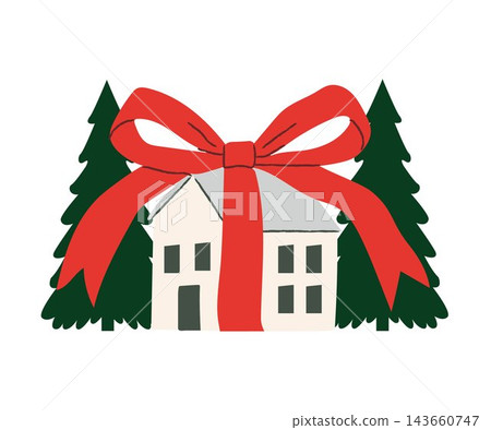 Hand drawn house tied with ribbon bow and pine trees vector clipart. Flat cottagecore naive illustration of cozy home gift wrap for christmas, realtor housewarming and holiday packaging. Hand drawn house tied with ribbon bow and pine trees vector clipart. Flat cottagecore naive illustration of cozy home gift wrap for christmas, realtor housewarming and holiday packaging. 143660747