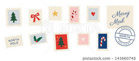 Hand drawn Christmas postage stamp set holiday vector clipart. Flat cottagecore naive illustration of postmarks with tree, bow, candy cane, holly and heart for snail mail packaging. Hand drawn Christmas postage stamp set holiday vector clipart. Flat cottagecore naive illustration of postmarks with tree, bow, candy cane, holly and heart for snail mail packaging. 143660748