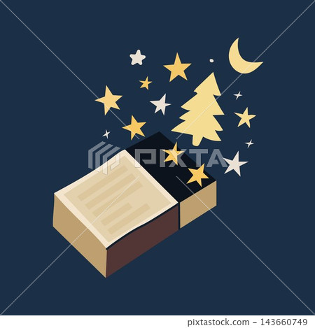 Hand drawn matchbox bursting with stars and christmas tree vector clipart. Flat cottagecore naive illustration of magical match box, moon and sparks for cozy winter holiday greeting card. Hand drawn matchbox bursting with stars and christmas tree vector clipart. Flat cottagecore naive illustration of magical match box, moon and sparks for cozy winter holiday greeting card. 143660749