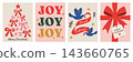 Hand drawn retro Christmas greeting card collection with festive bows, joy typography, flying birds, holly branches, stars and gift ribbon illustrations for holiday celebrations. 143660765