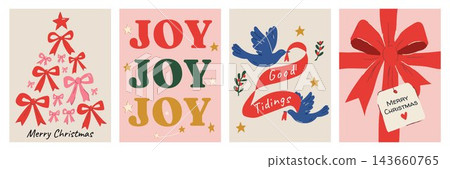 Hand drawn retro Christmas greeting card collection with festive bows, joy typography, flying birds, holly branches, stars and gift ribbon illustrations for holiday celebrations. Hand drawn retro Christmas greeting card collection with festive bows, joy typography, flying birds, holly branches, stars and gift ribbon illustrations for holiday celebrations. 143660765