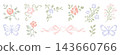 Folkloric cross stitch botanical elements, corner vignettes, butterflies and ribbon bow dividers collection. Whimsical pixelated embroidery needlework design set for cottagecore wedding, vintage decor 143660766