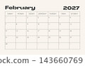 February 2027 monthly calendar template horizontal landscape layout. Minimalist vintage bold typography printable month planner with Sunday start for winter holiday and office planning. 143660769