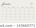 February 2027 French monthly calendar template horizontal landscape page. Minimalist script typography printable month planner grid with Monday start for corporate office, school study, schedule. 143660771