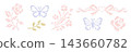 cross stitch botanical motifs. Roses, butterflies and a sweet heart ribbon header isolated on white background. Whimsical pixelated embroidery needlework design collection. Cottagecore decor 143660782