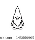 Cute black and white line icon of a Scandinavian Christmas gnome character with tall hat and beard. 143660905