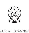 Black and white line icon of a decorative snow globe featuring a standing reindeer and pine tree. 143660908