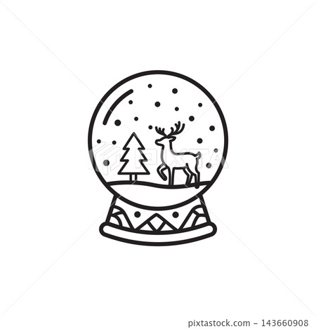 Black and white line icon of a decorative snow globe featuring a standing reindeer and pine tree. Black and white line icon of a decorative snow globe featuring a standing reindeer and pine tree. 143660908