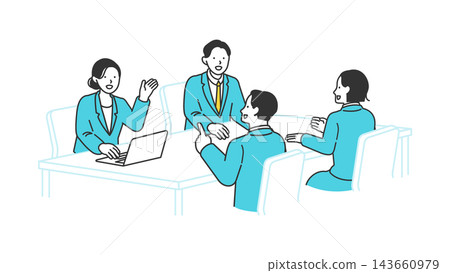 辦公室裡的會議場景,穿著西裝的男女圍坐在桌旁,友善地交換意見。 辦公室裡的會議場景,穿著西裝的男女圍坐在桌旁,友善地交換意見。 143660979