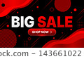 Big sale banner with red black graphics, bold typography, shop button, abstract waves, striped circles, dotted accents, and modern retail promotion for ecommerce advertising. 143661022
