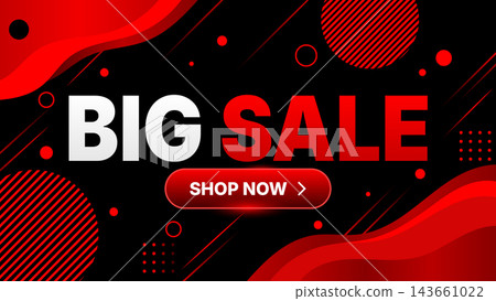 Big sale banner with red black graphics, bold typography, shop button, abstract waves, striped circles, dotted accents, and modern retail promotion for ecommerce advertising. 143661022