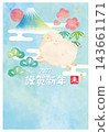 以綿羊為主題的新年賀卡模板，包含新年祝福語。 143661171