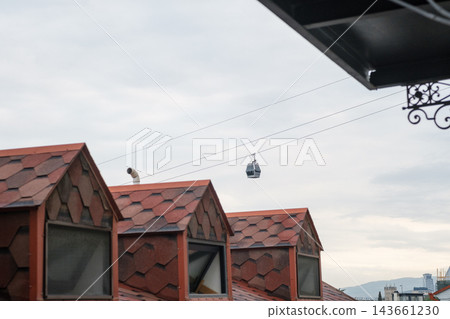 Red patterned rooftops with dormer windows fill the foreground while a suspended cable car crosses overhead toward distant hills and buildings Red patterned rooftops with dormer windows fill the foreground while a suspended cable car crosses overhead toward distant hills and buildings 143661230