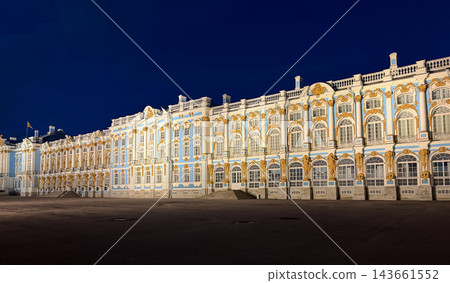 Catherine Palace features elaborate baroque architecture with golden accents, illuminated beautifully at night in Tsarskoye Selo, Russia Catherine Palace features elaborate baroque architecture with golden accents, illuminated beautifully at night in Tsarskoye Selo, Russia 143661552
